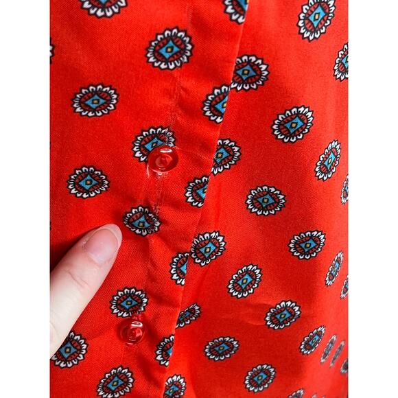 button up blouse ruffle collar tie neck red blue geometric - Picture 4 of 8